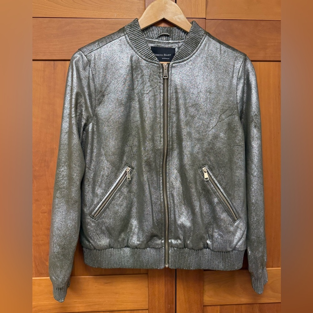 Rebecca Elliot Metallic Green Silver Bomber Jacket size SM excellent condition!